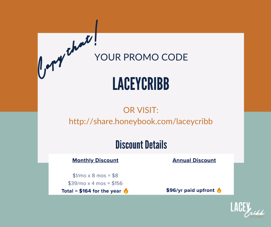 Honeybook promo code is laceycribb